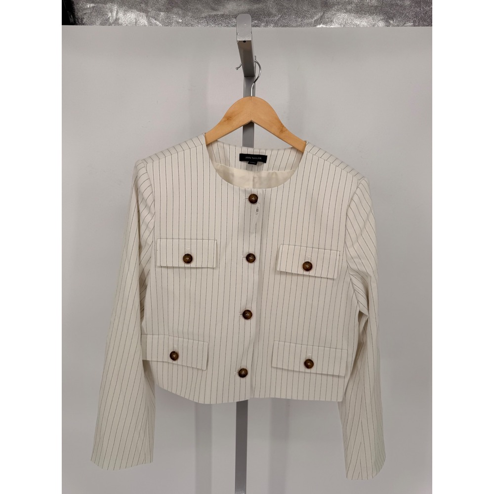Ann Taylor Womens Ivory Pinstripe Cropped Jacket Button Front Blazer Size 12 NEW